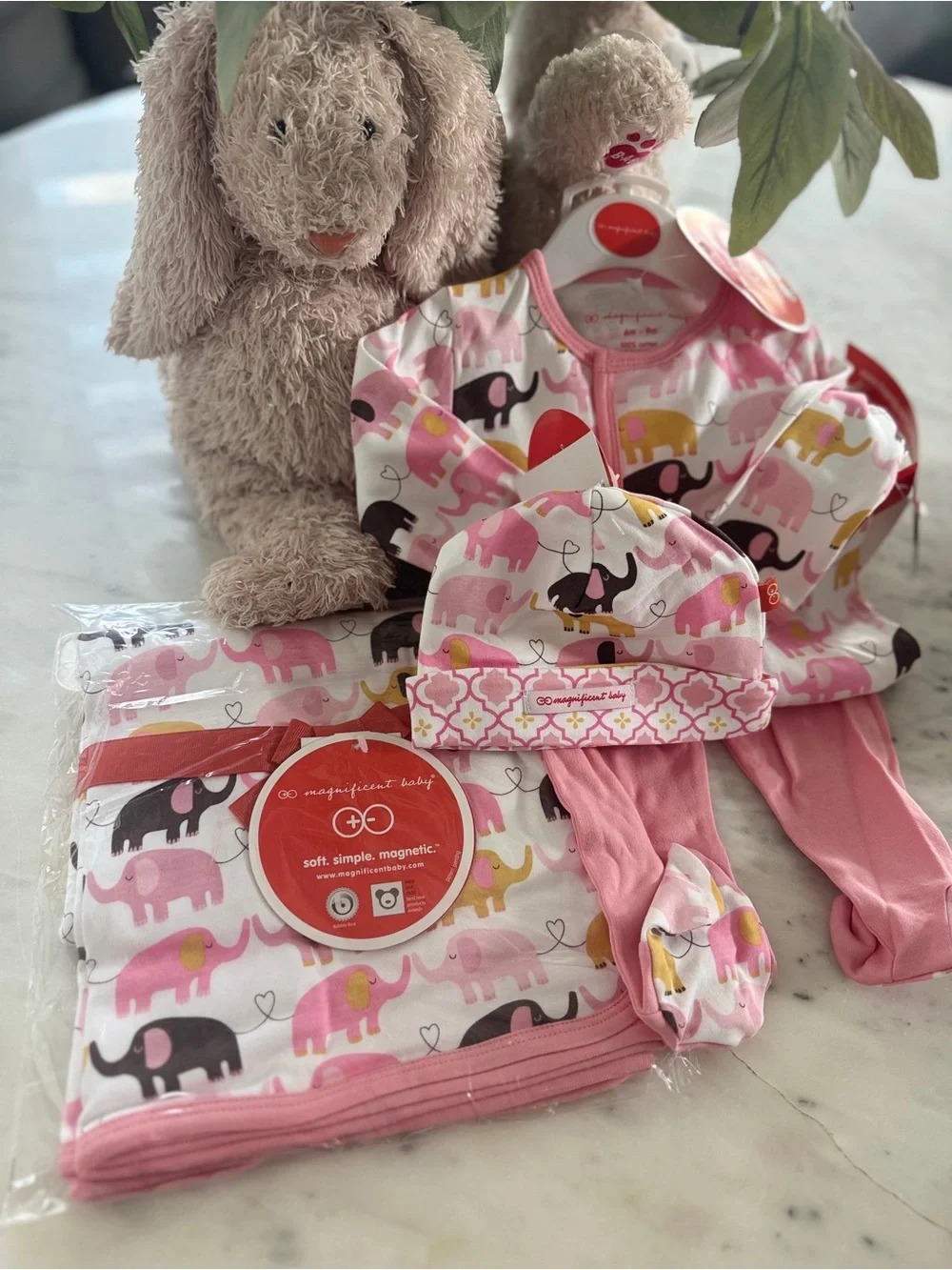 Magnificent Baby magnetic  Pink & Yellow Elephant Print Pajama Set with blanket